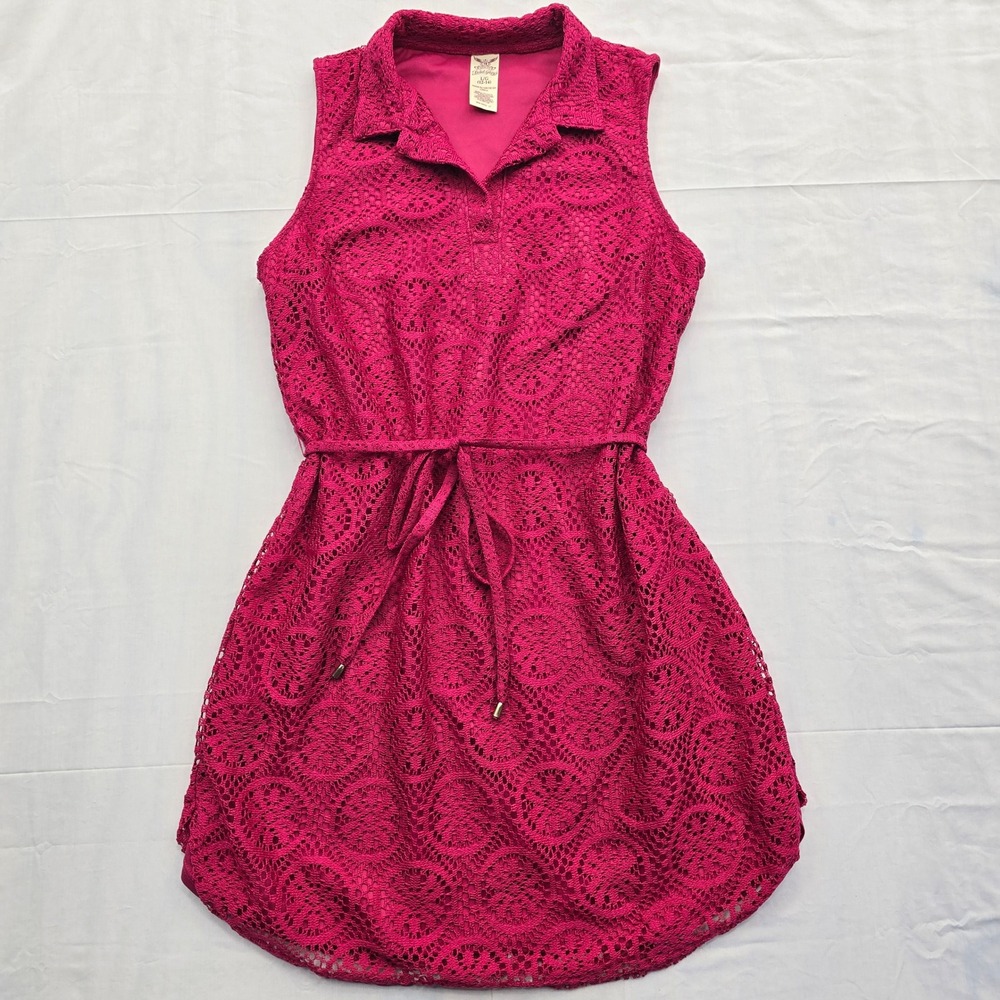 Faded Glory Womens Fairy Boho Pink Floral Lace Sleeveless Collared Dress L 12-14